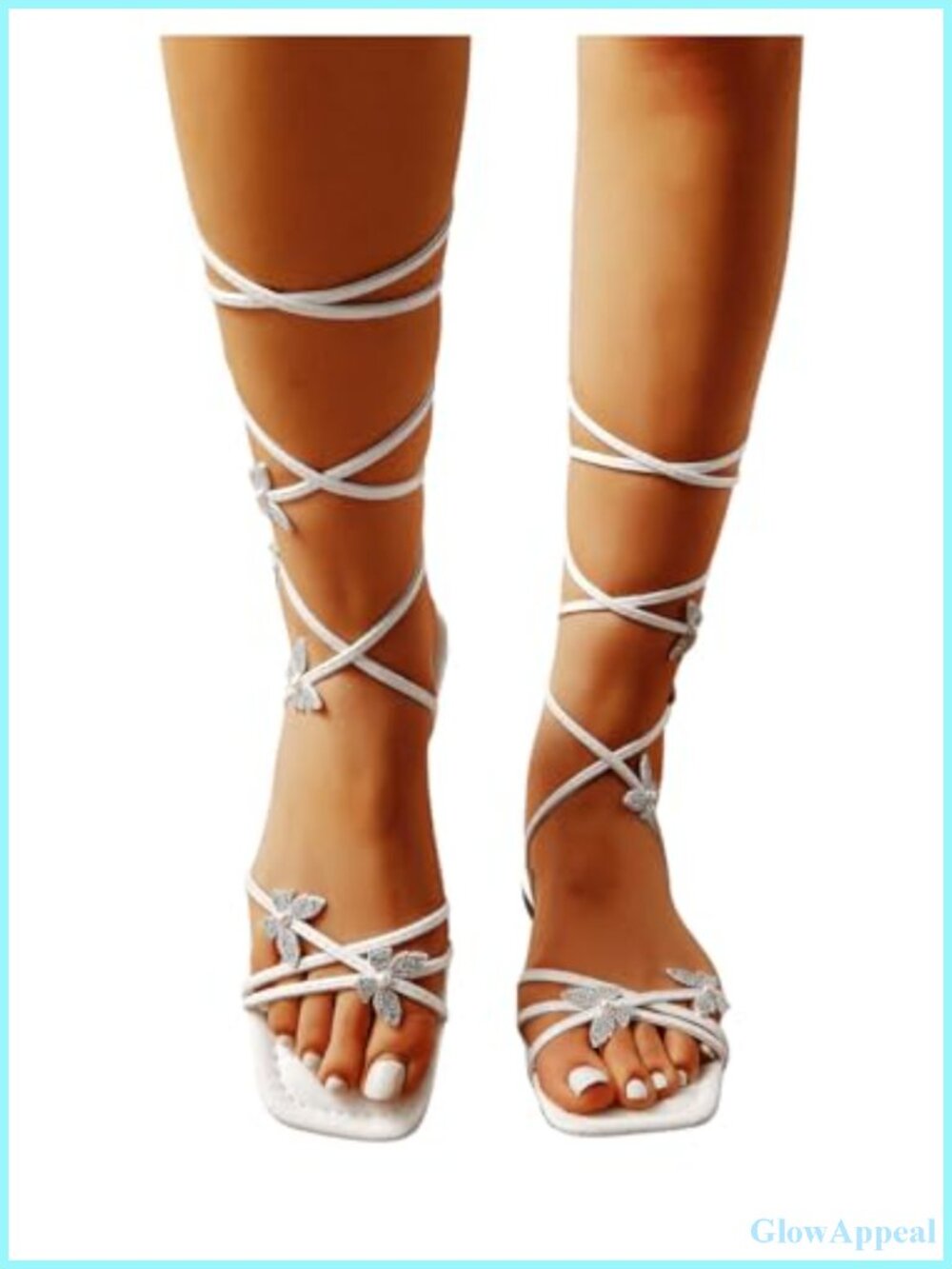 Lace Up Strappy Rhinestone Sparkly Flat Sandals Square Toe Ankle Strap